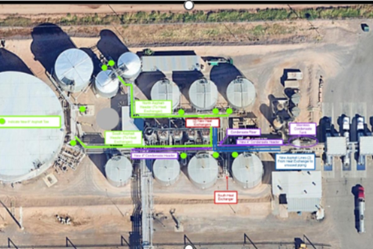 Aerial view of the asphalt transfer plant with engineered pipe routing marked up