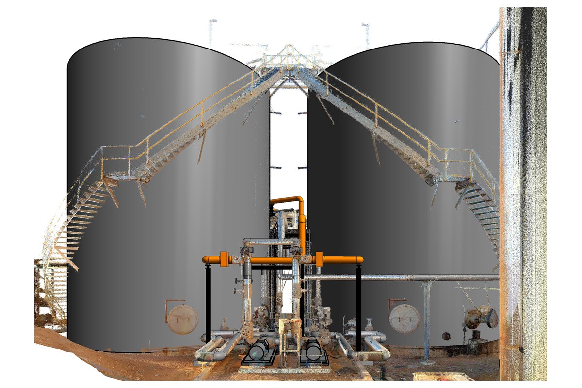 Point-cloud scan of two asphalt storage tanks with the pump and transfer piping between them