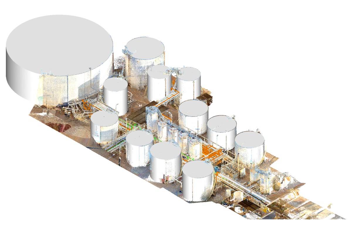 Axonometric view of the whole tank farm, combining the laser scan with the modelled tanks