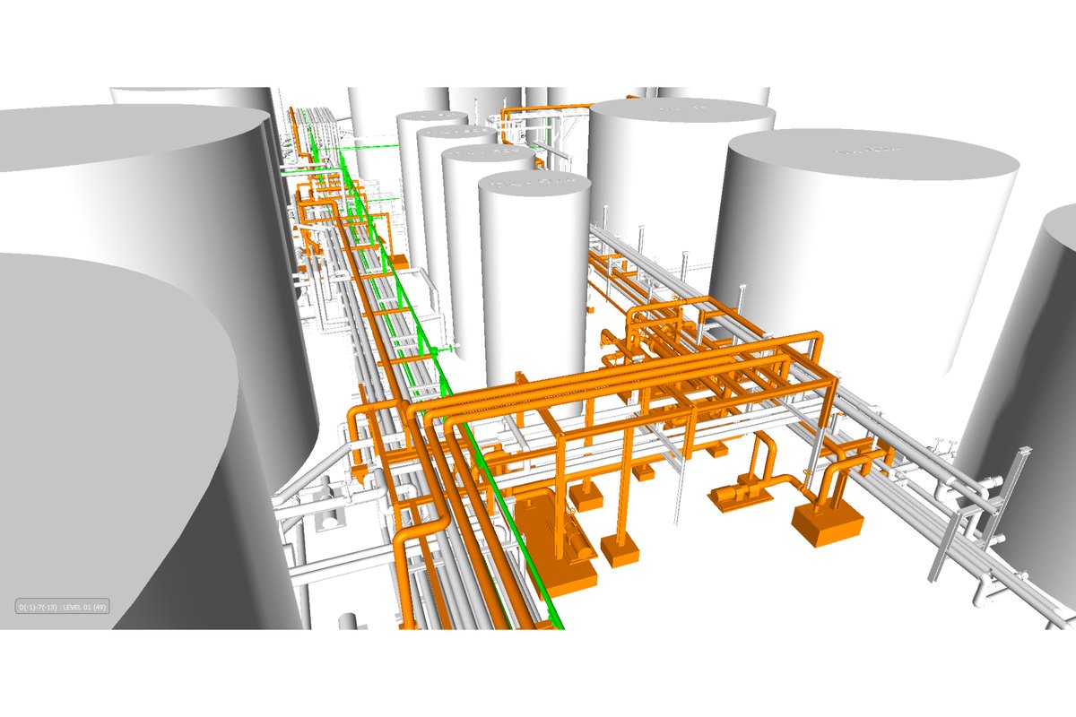 Three-dimensional model of the engineered pipe routing and supports running between the tanks