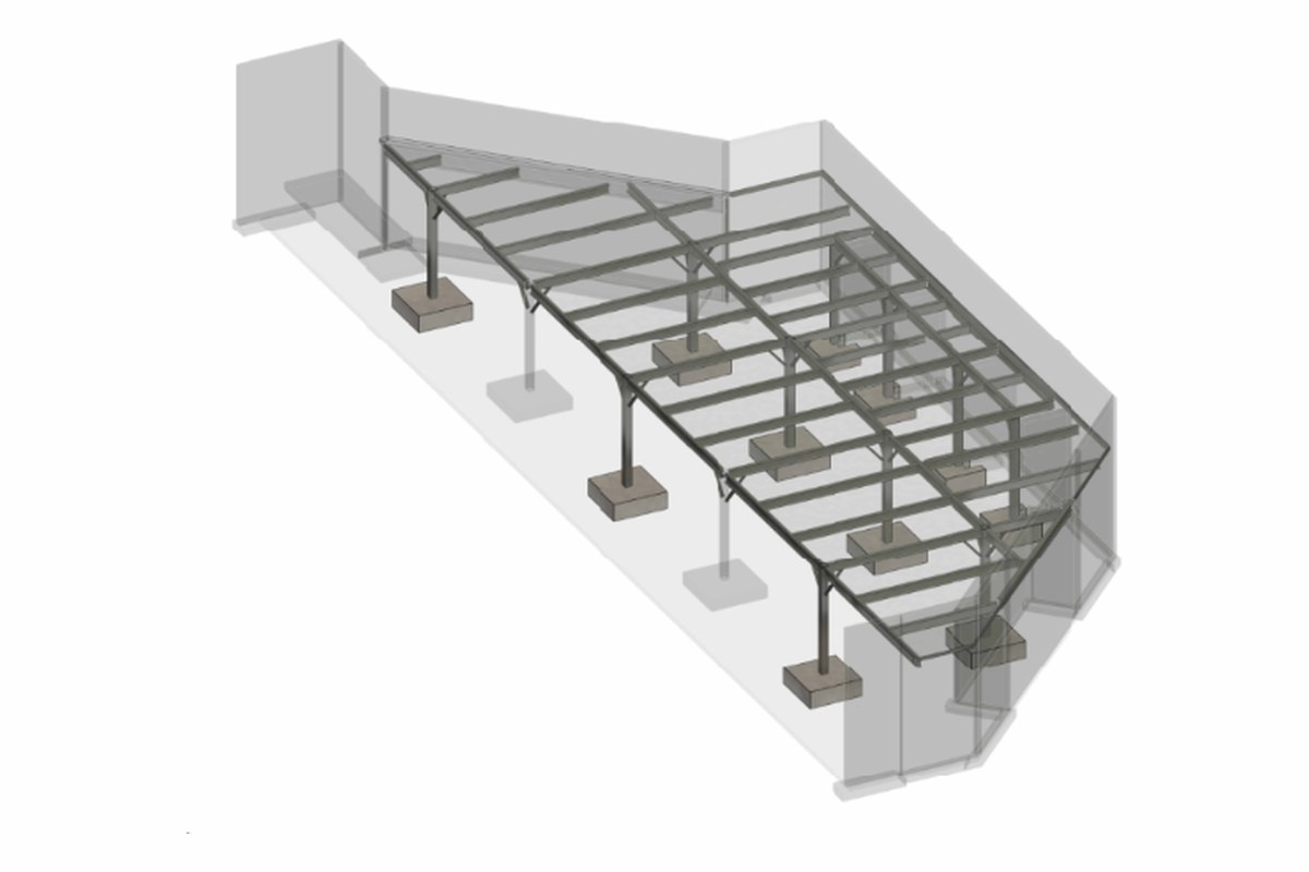 Structural model of the Tempe Business Center steel mezzanine, showing columns on isolated spread footings supporting a framed deck